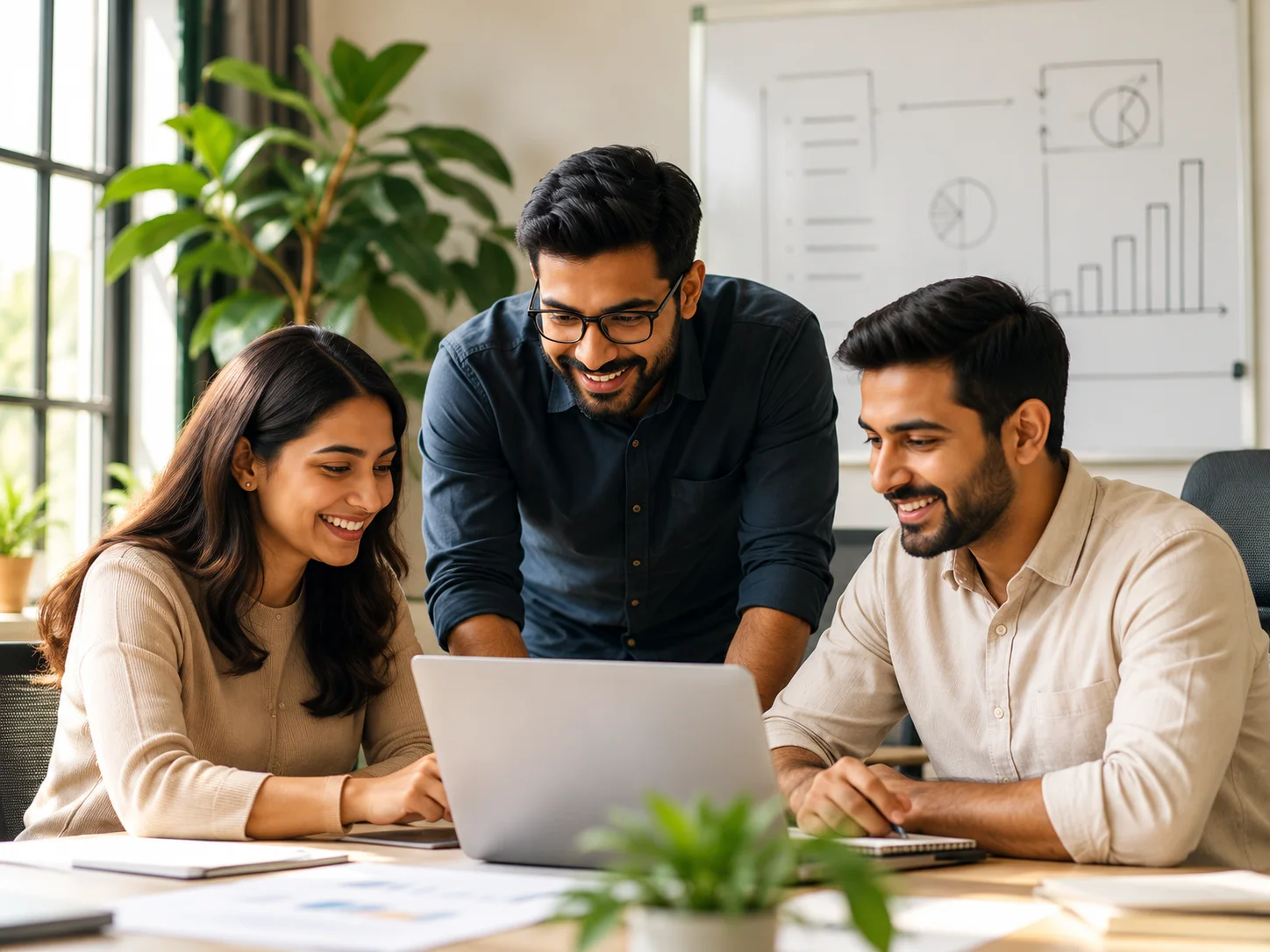 Three marketing colleagues collaborating on a growth strategy